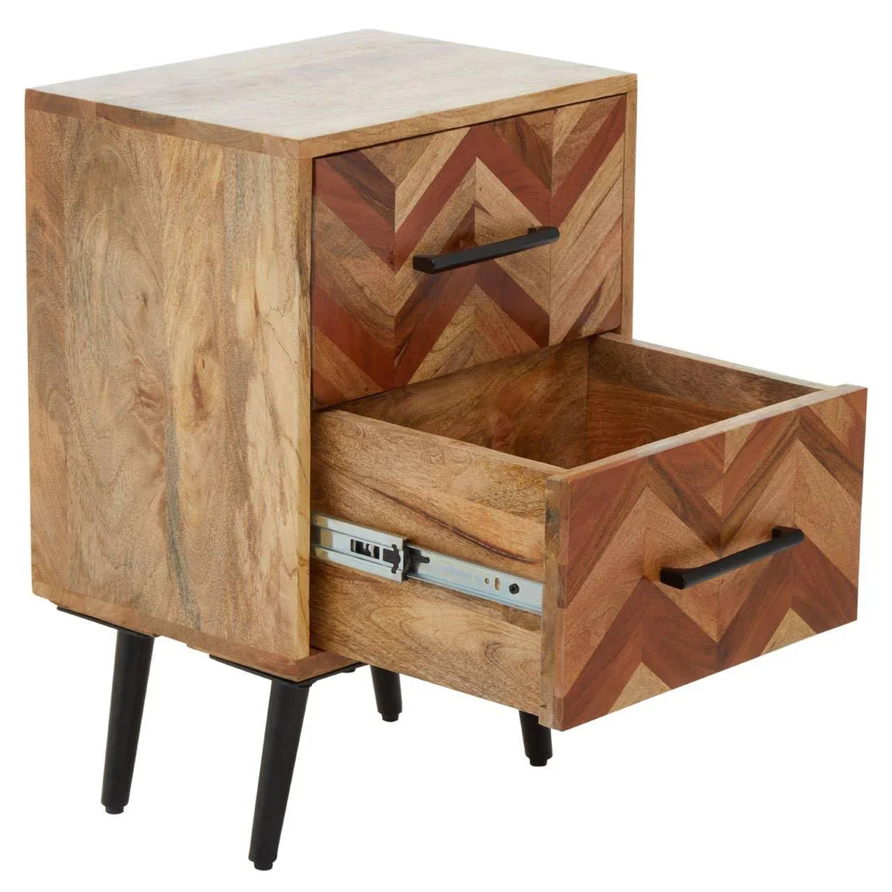 Wooden bedside table with chevron pattern drawers and black angled legs