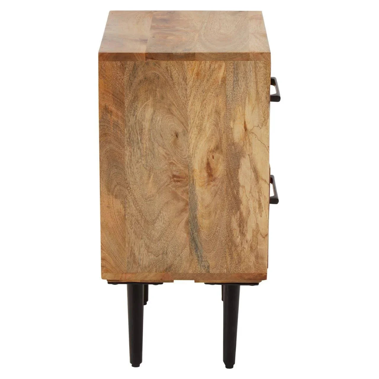Side view of wooden sideboard with natural finish and black legs