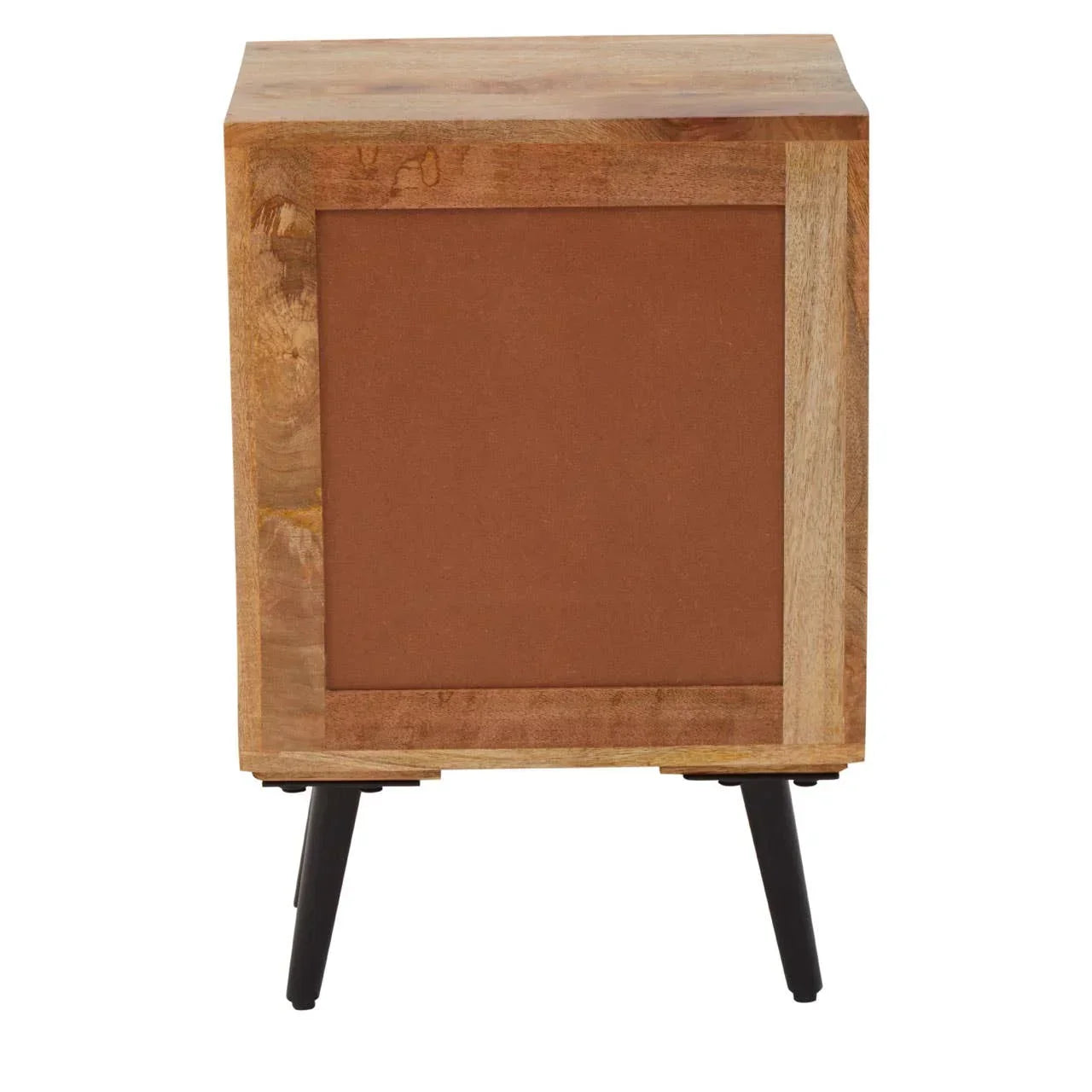 Back view of wooden side table with black tapered legs and brown panel insert