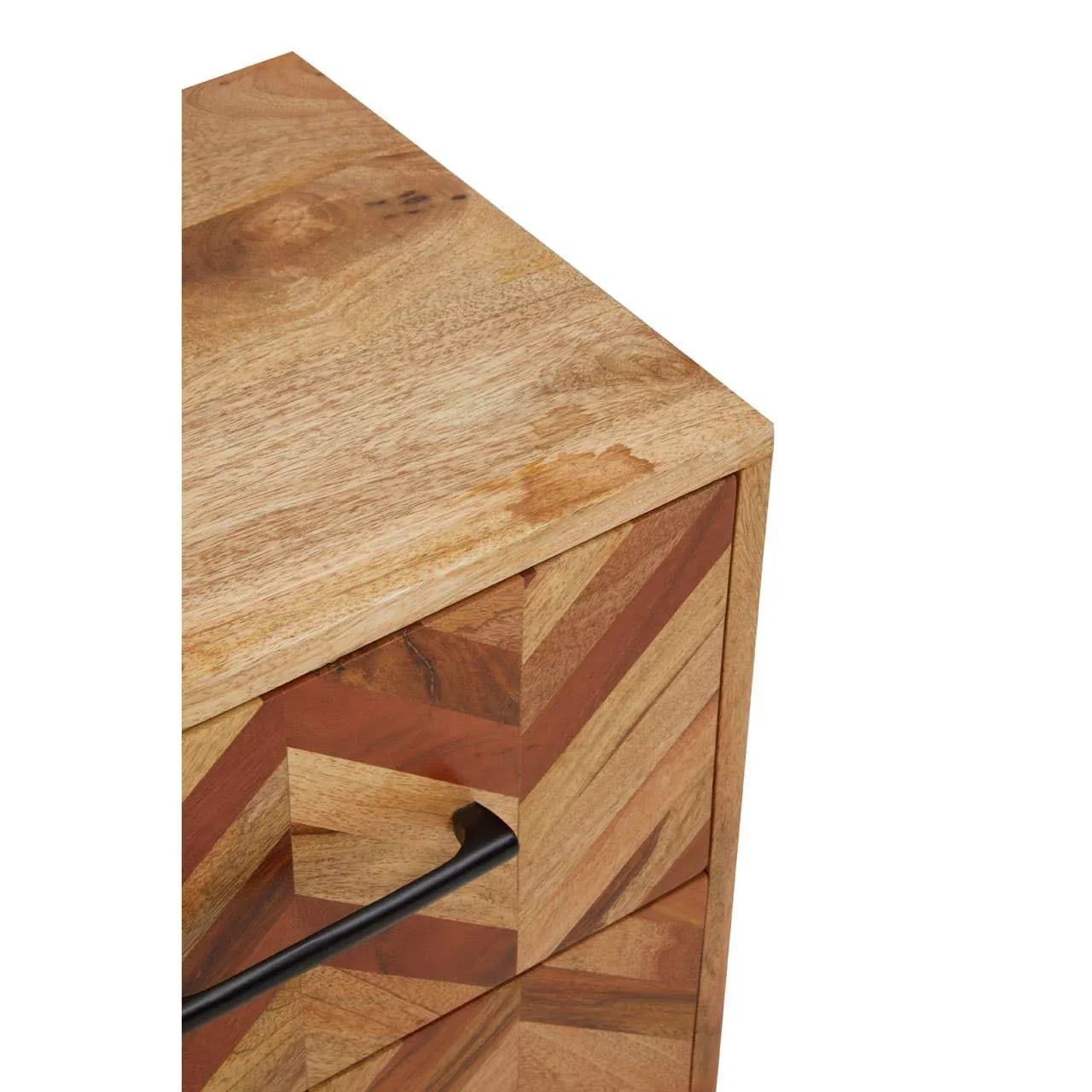 Chevron pattern wood drawer chest with black metal handle, close-up corner view
