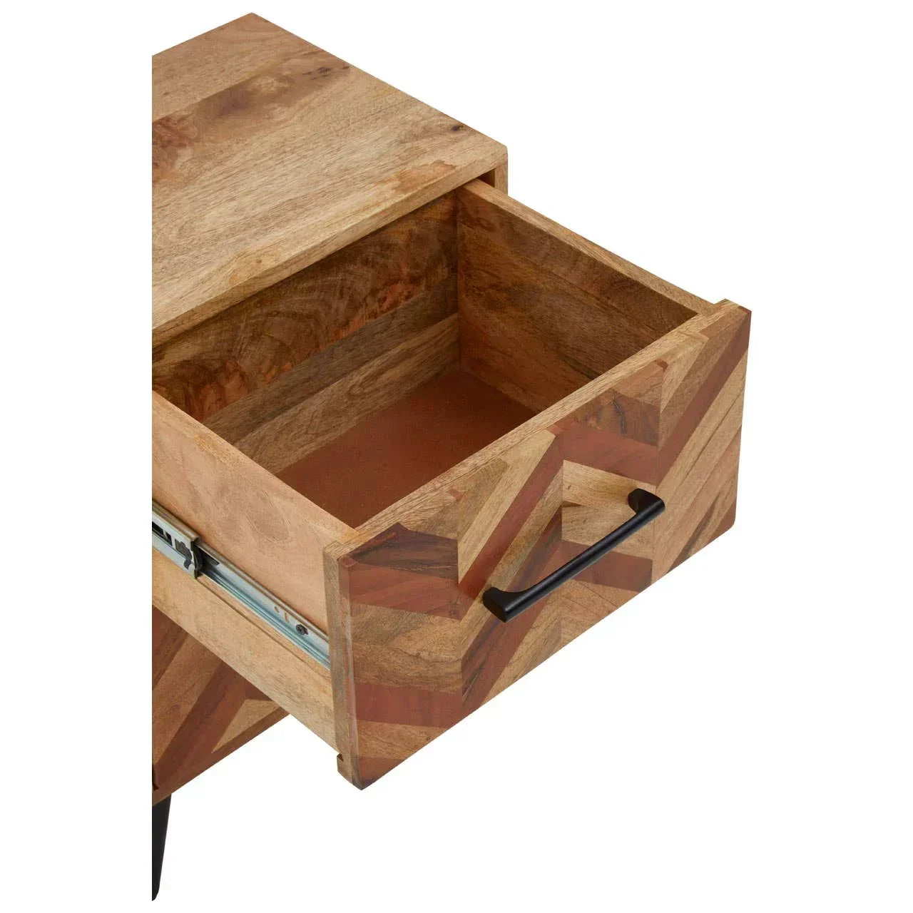 Chevron pattern wooden drawer with black metal handle on bedside table