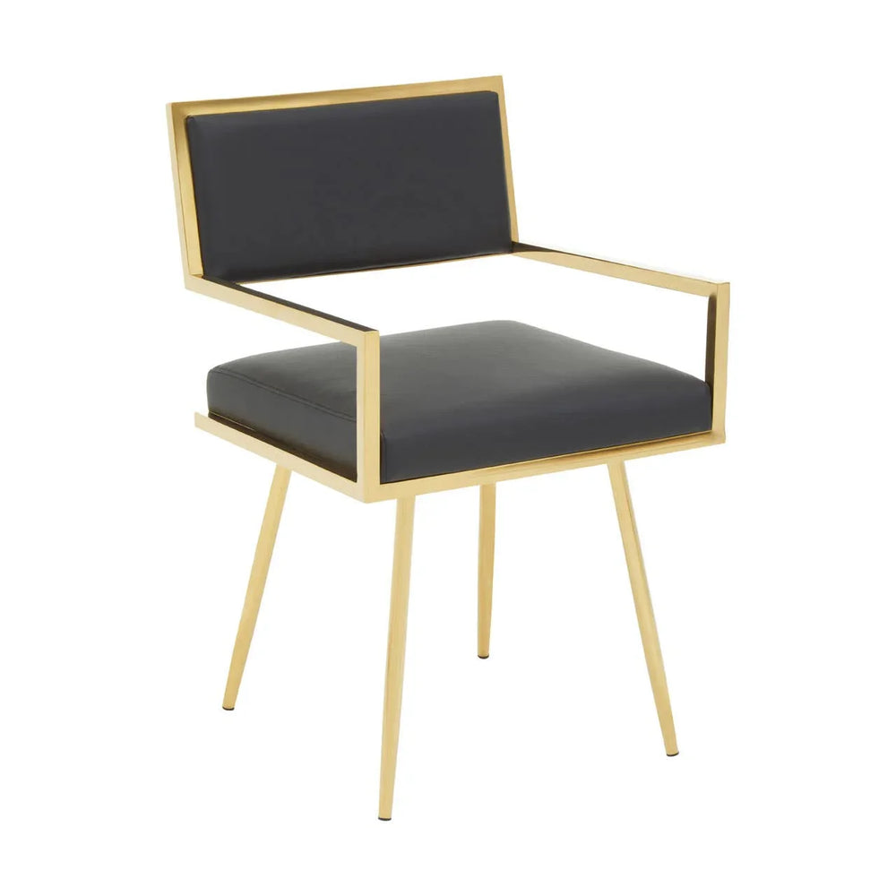 Black leather dining chair with gold metal frame and straight armrests