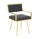 Black leather dining chair with gold metal frame and straight armrests