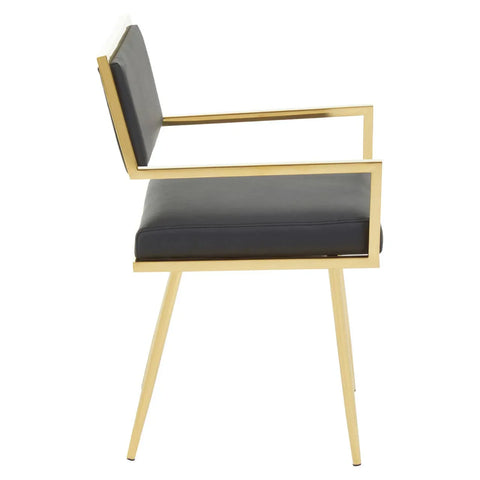 Side view black upholstered dining chair with gold metal frame and armrests