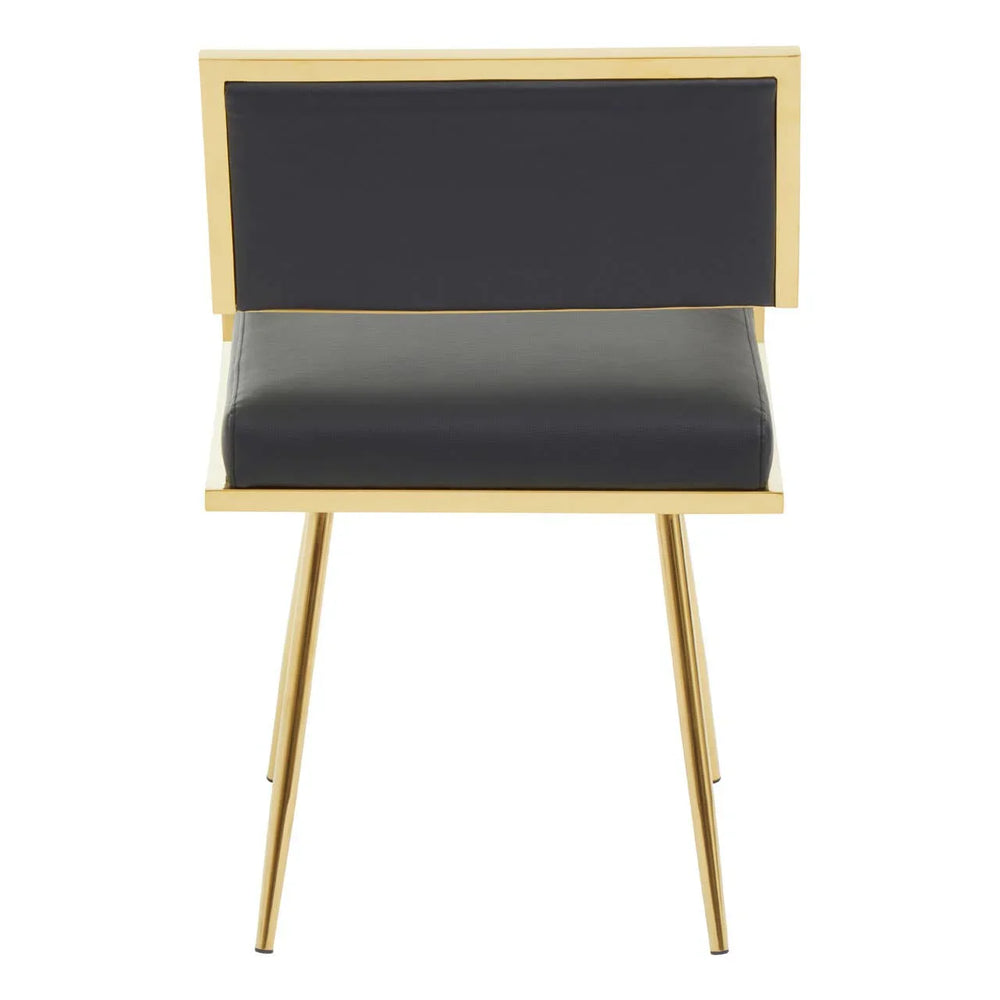 Modern accent chair with gold metal frame and black upholstered seat and backrest, rear view