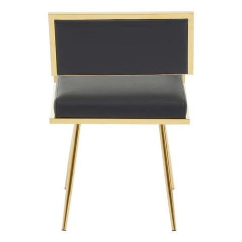 Modern accent chair with gold metal frame and black upholstered seat and backrest, rear view