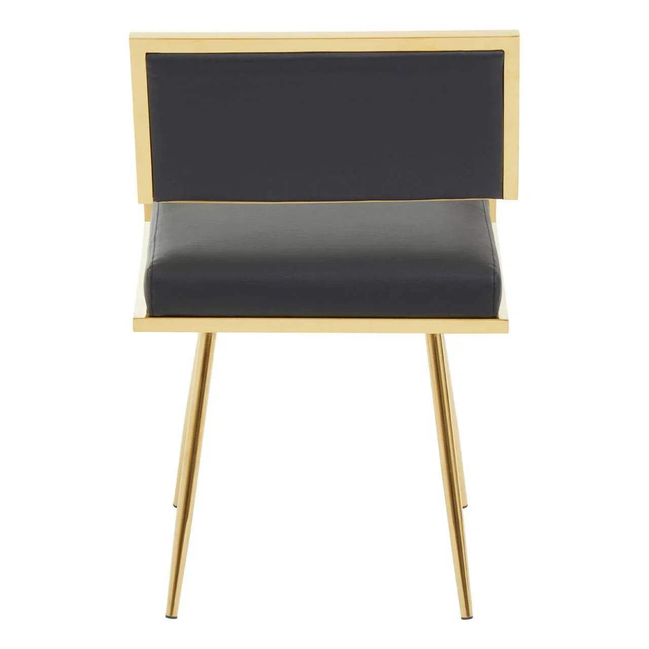 Modern accent chair with gold metal frame and black upholstered seat and backrest, rear view