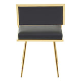 Modern accent chair with gold metal frame and black upholstered seat and backrest, rear view