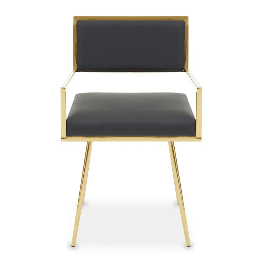 Gold metal dining chair with black cushioned seat and backrest, front view