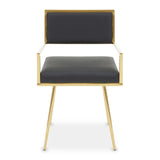 Gold metal dining chair with black cushioned seat and backrest, front view