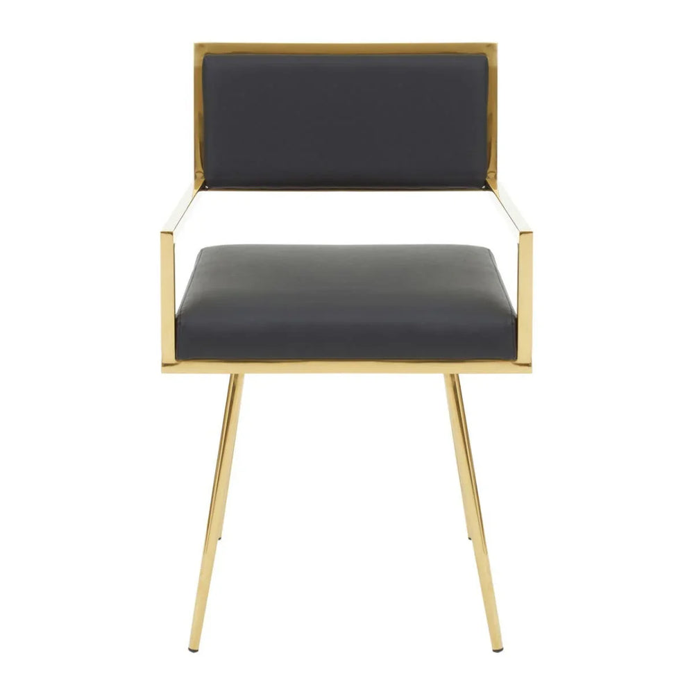 Black upholstered dining chair with gold metal frame and armrests, front view