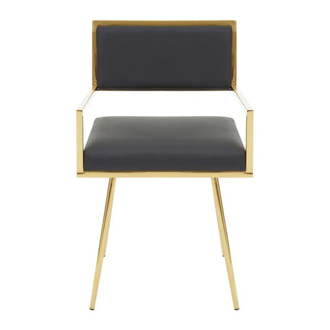 Black upholstered dining chair with gold metal frame and armrests, front view