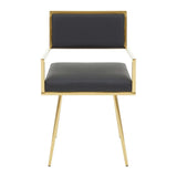 Black upholstered dining chair with gold metal frame and armrests, front view