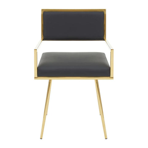Modern dining chair with gold metal frame and black cushioned seat, front view