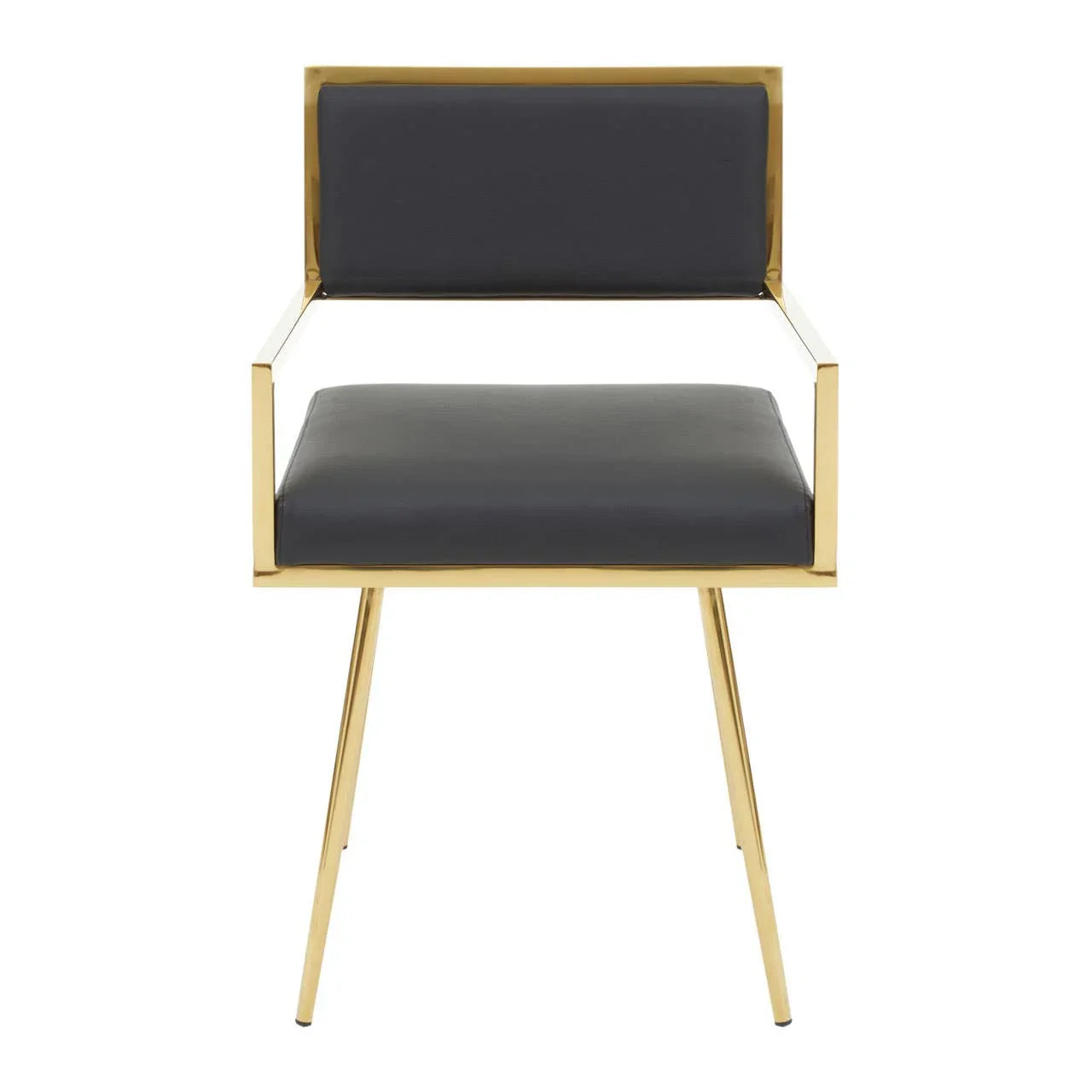 Modern dining chair with gold metal frame and black cushioned seat, front view