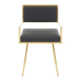 Modern dining chair with gold metal frame and black cushioned seat, front view
