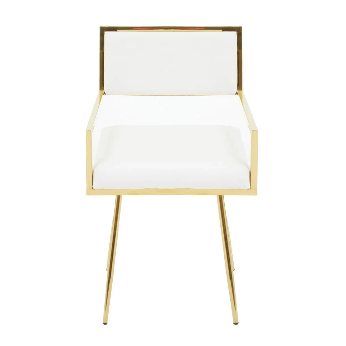 Gold metal box-frame chair with white padded seat and back, front view