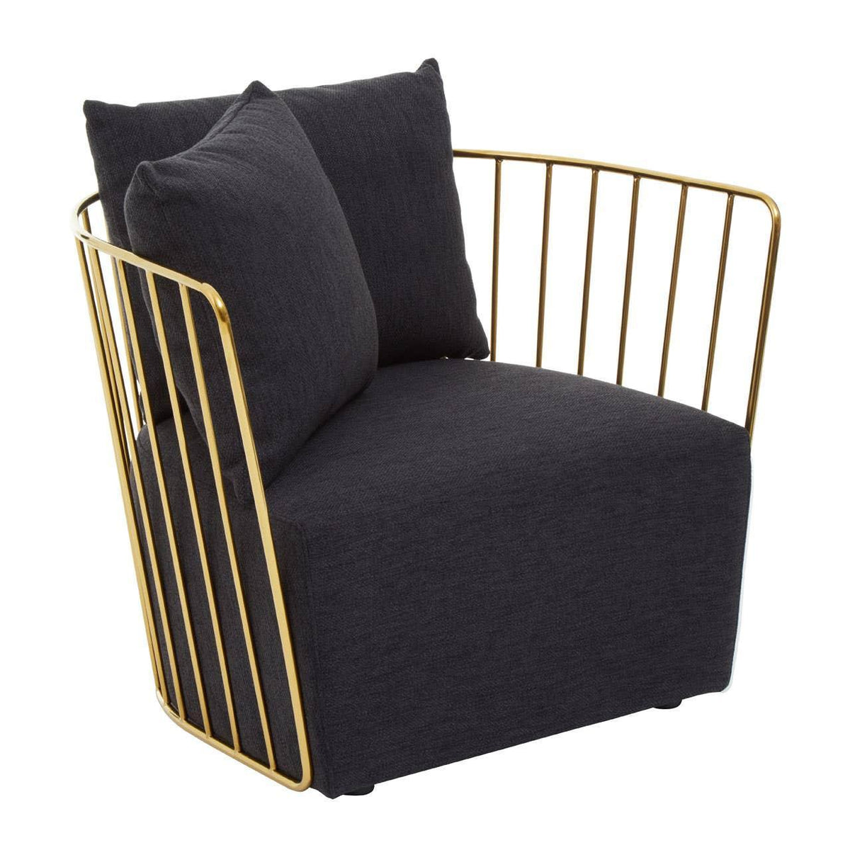 Modern black accent chair with gold metal frame and two matching cushions