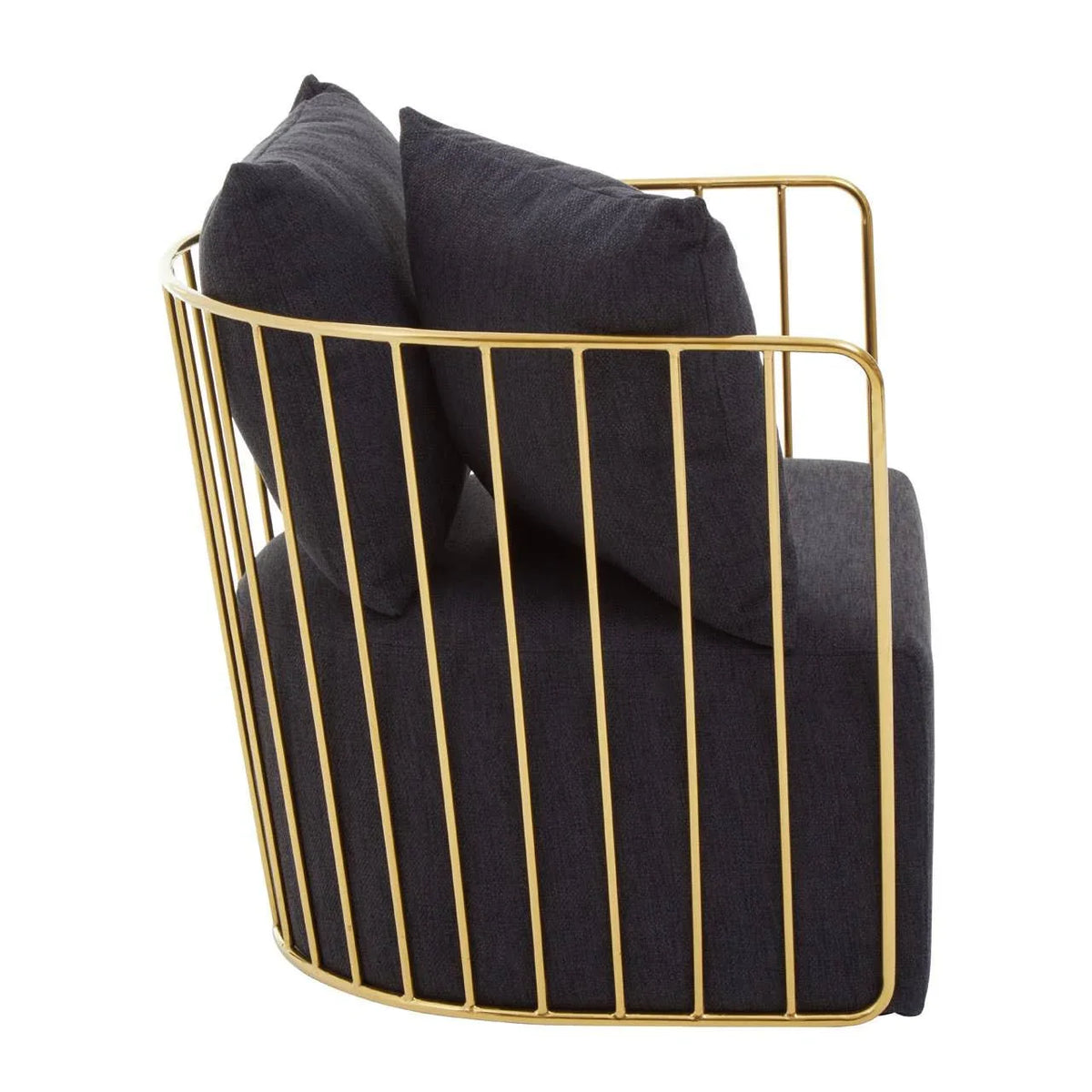Modern accent chair with gold metal frame and dark grey cushions, rear side angle view