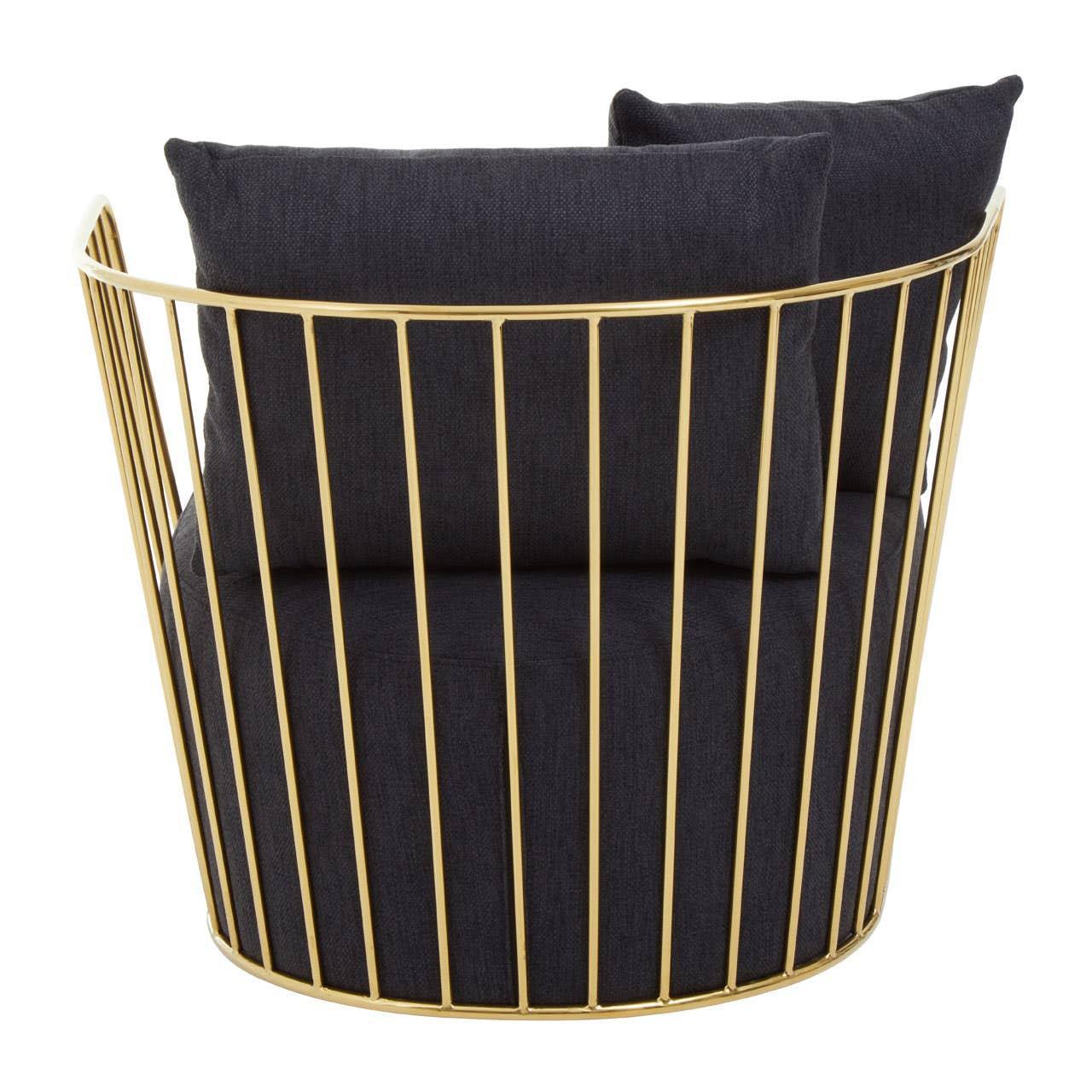 Modern accent chair with gold metal frame and black cushions, rear angle view