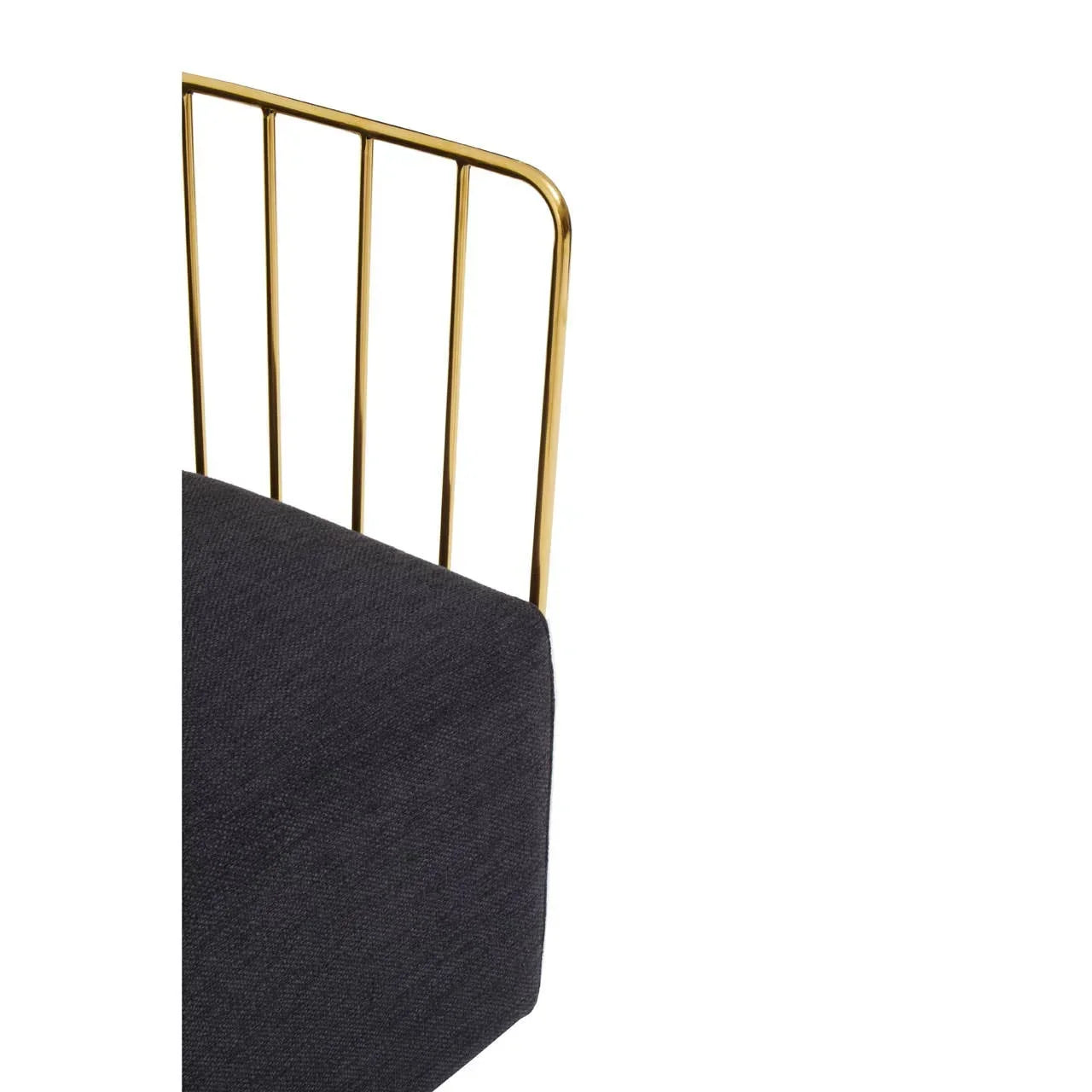 Gold metal chair backrest with dark upholstered seat, close-up on modern dining chair