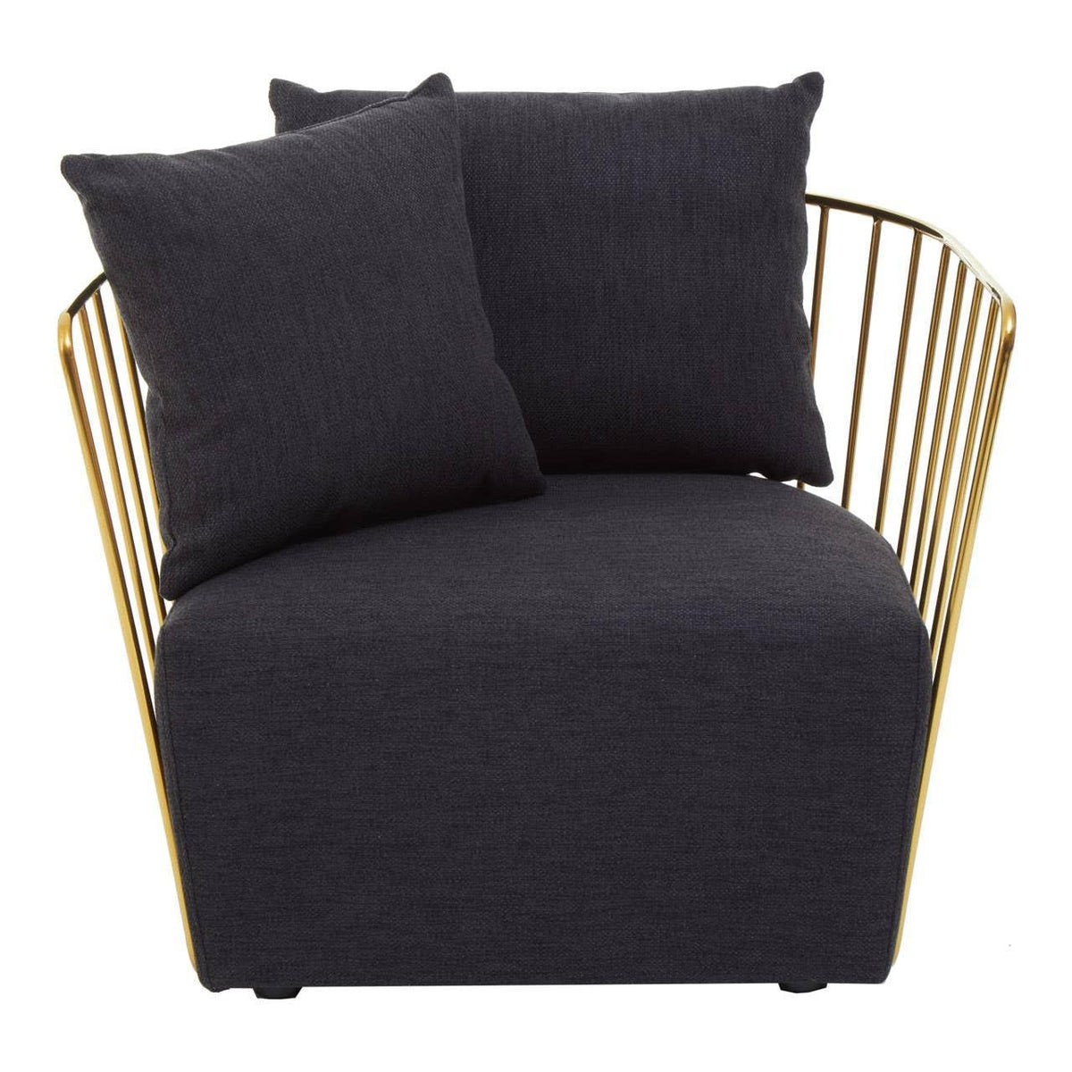 Black fabric accent chair with gold metal frame and two matching cushions, front view
