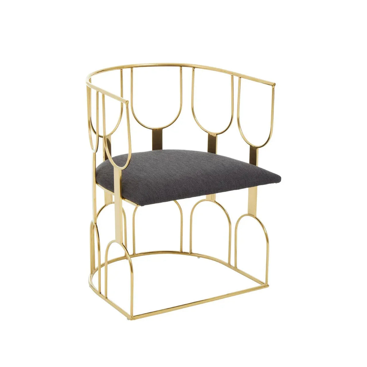 gold accent chair with black fabric seat and open metal frame