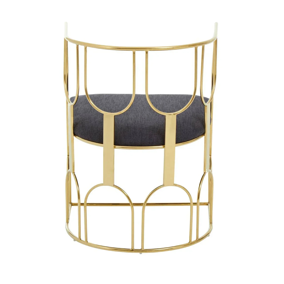 Gold metal accent chair with curved back and black upholstered seat