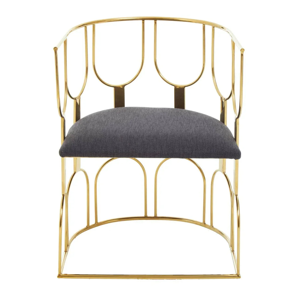 Gold metal accent chair with grey fabric cushion and open backrest, front view
