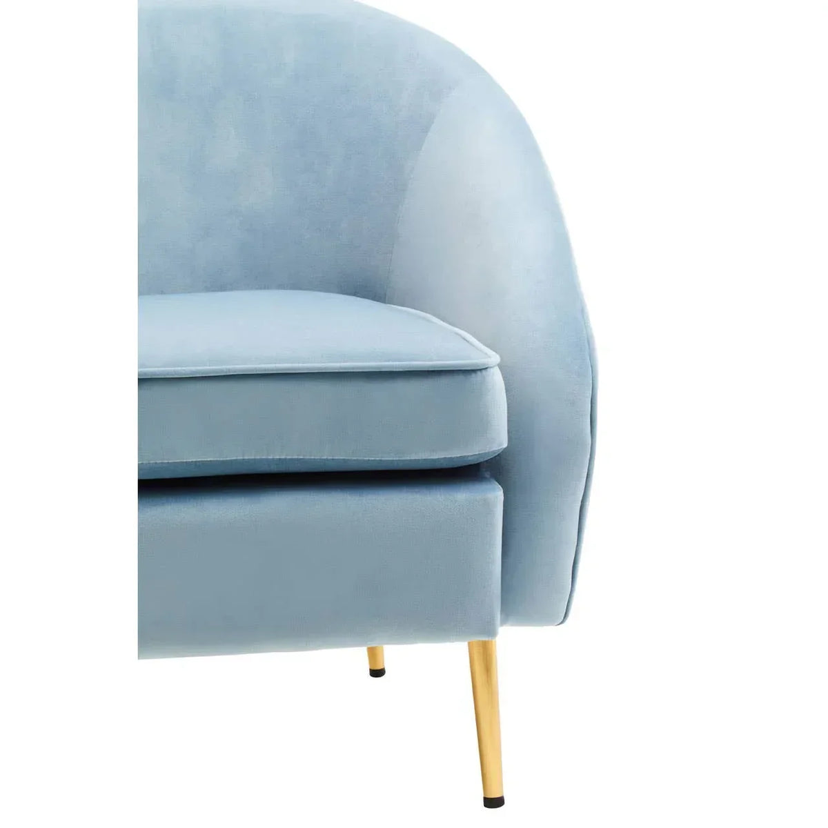 Light blue velvet armchair with gold metal legs, close-up of seat and armrest