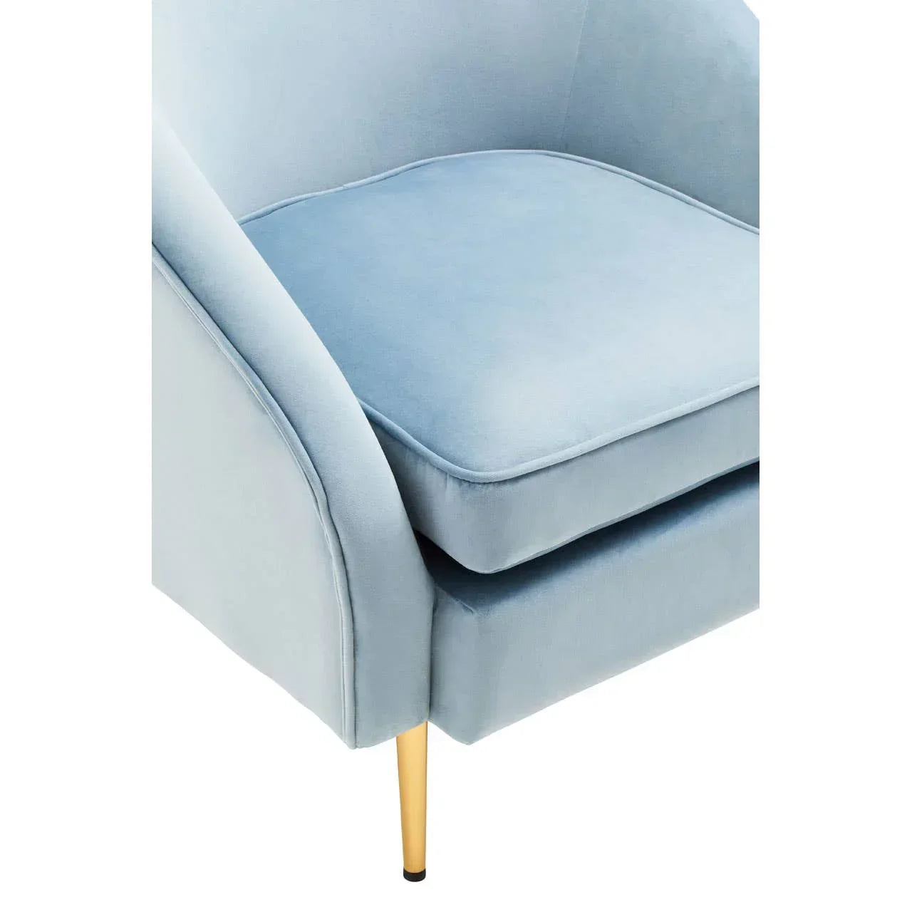 Light blue velvet armchair with gold metal leg, close-up of seat and armrest