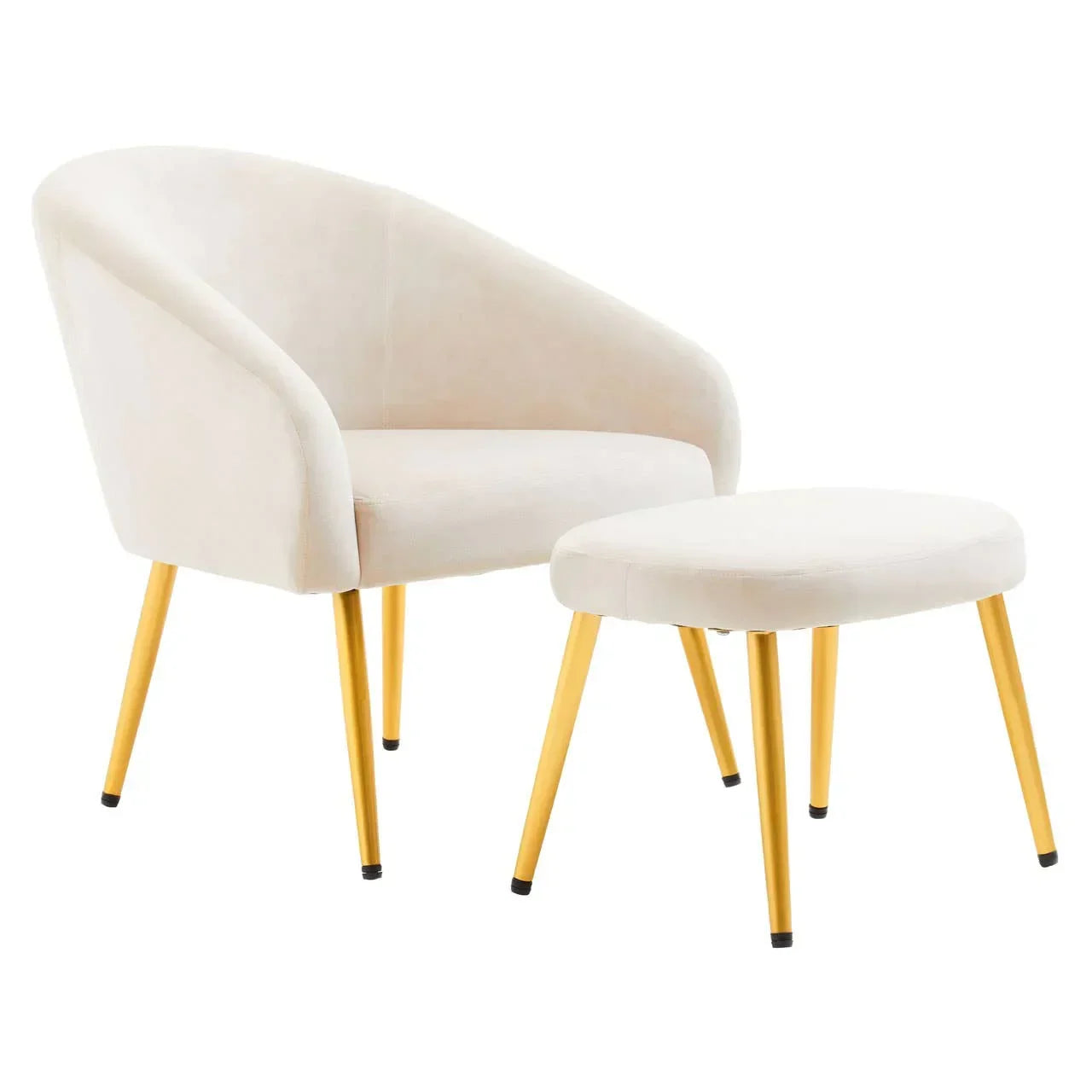 Cream accent chair with matching ottoman and gold legs on white background
