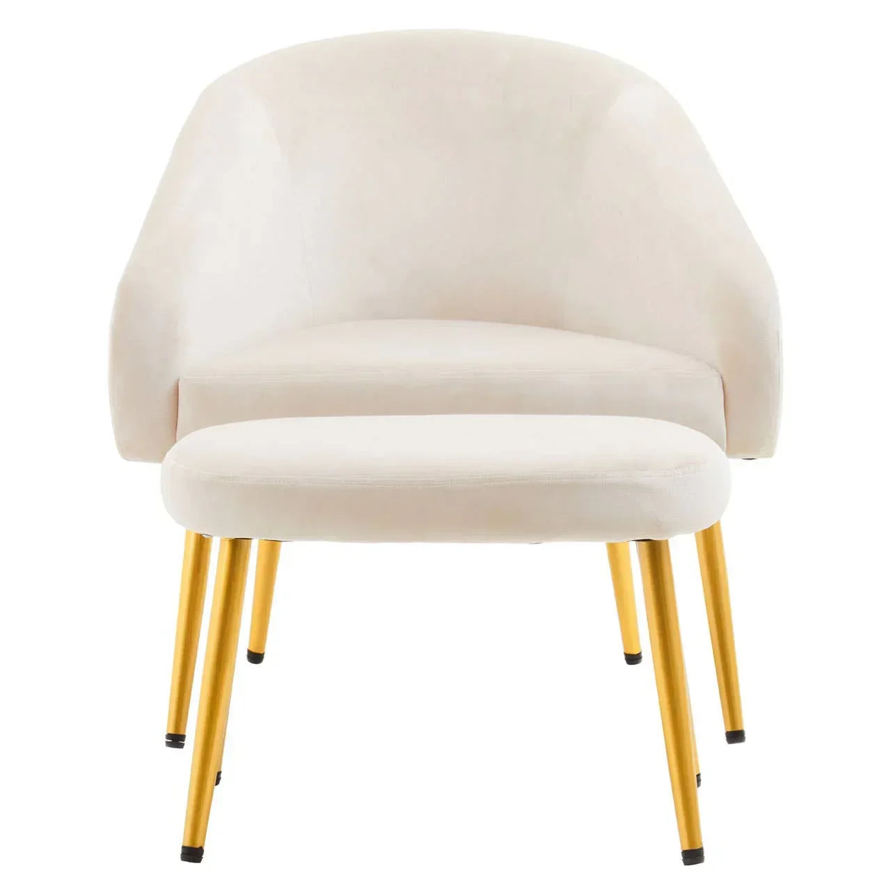 Cream accent chair with matching ottoman and gold legs, front view
