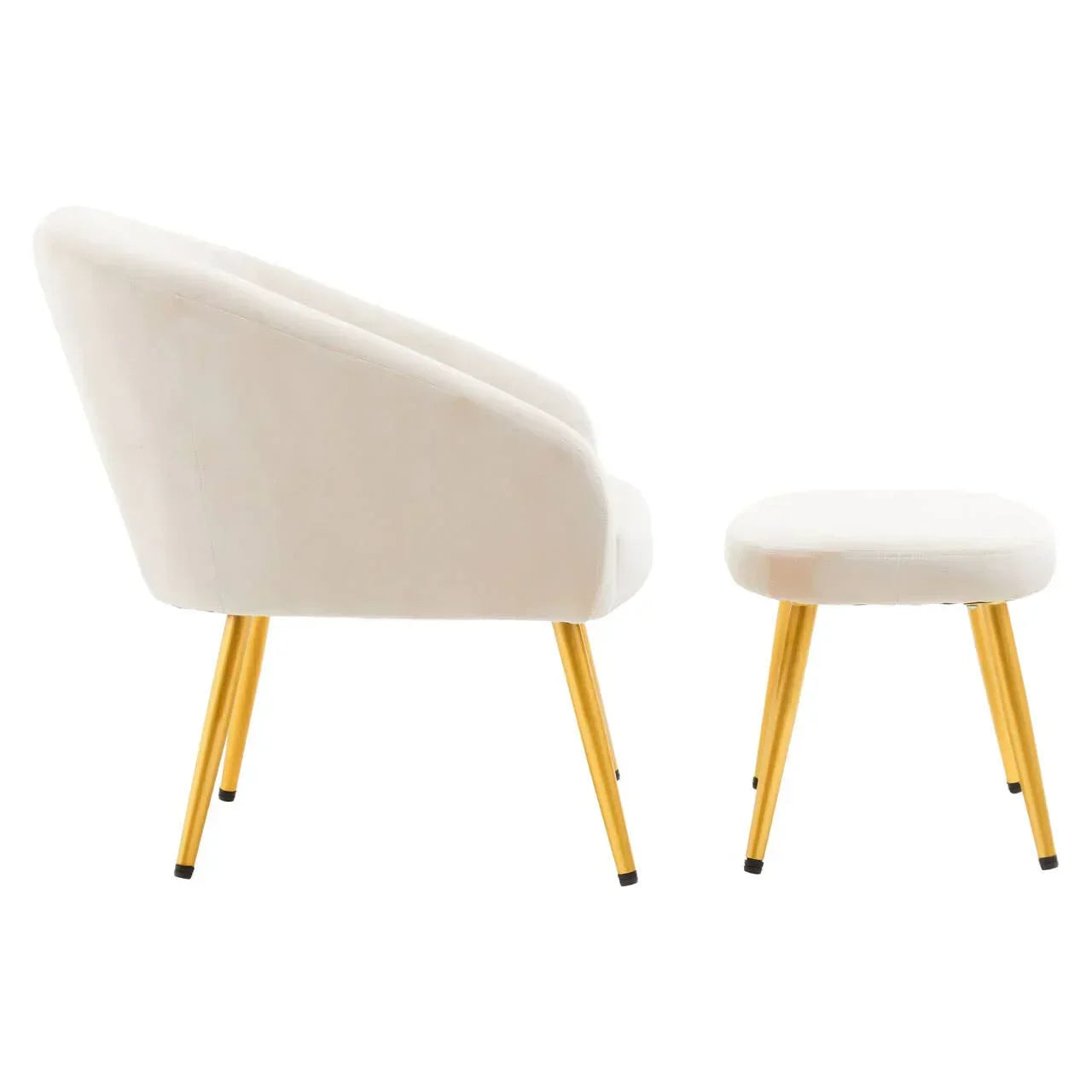 Cream armchair and footstool with gold legs shown from the back on white background