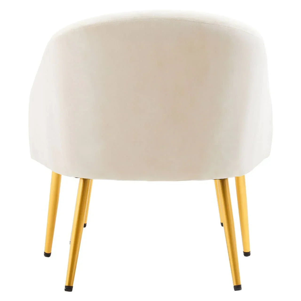 Velvet accent chair with gold metal legs, rear view showing curved cream upholstery