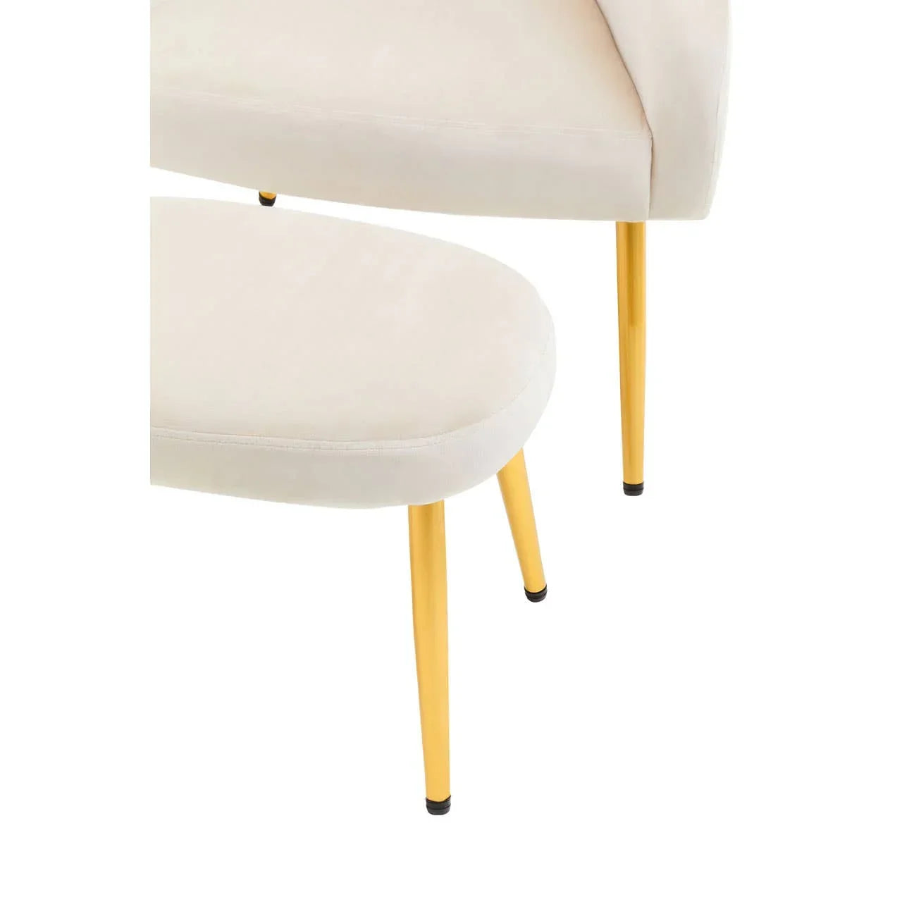 Cream velvet chair and stool with gold legs, close-up on seat and frame details