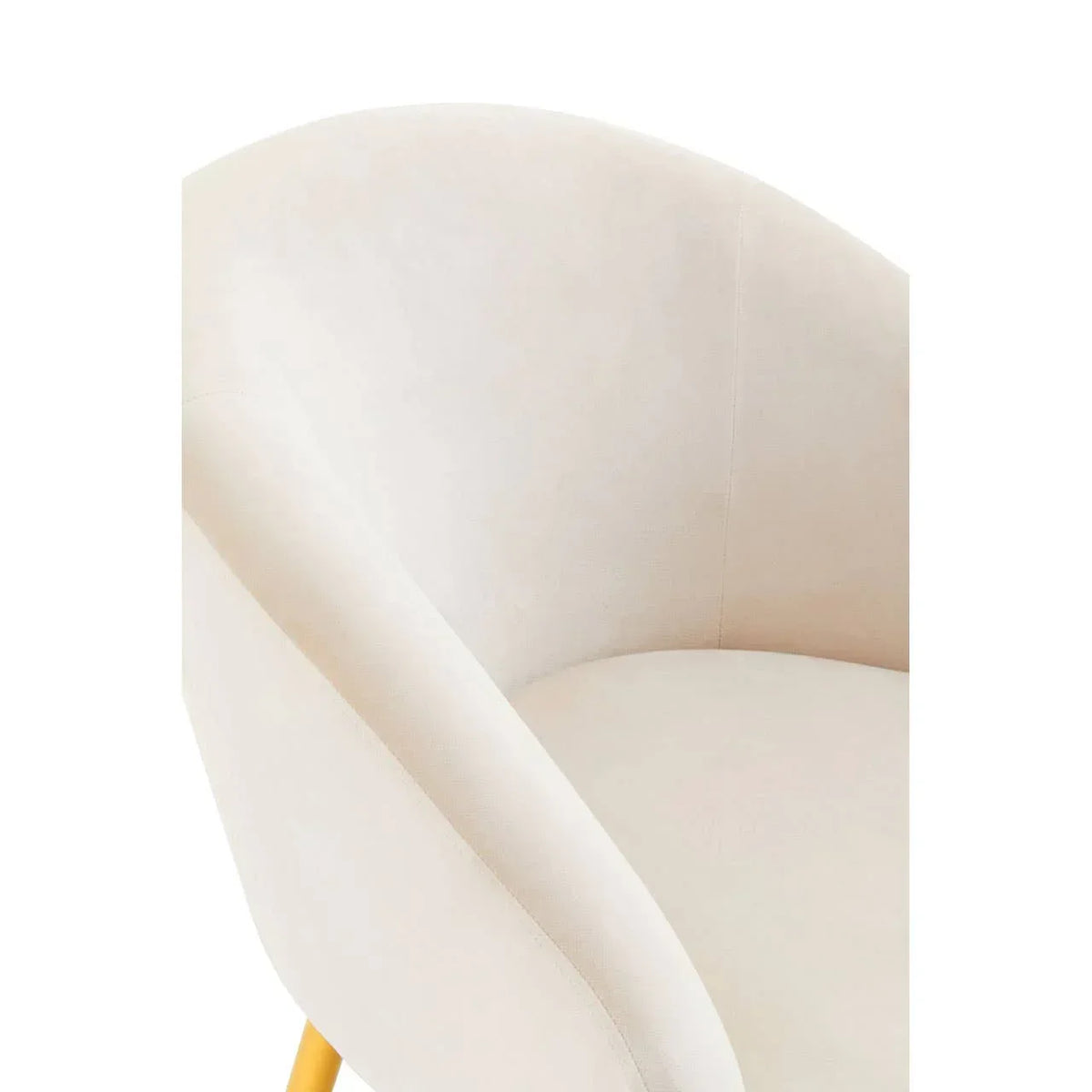 Cream fabric armchair with curved backrest and yellow wooden legs, close-up view