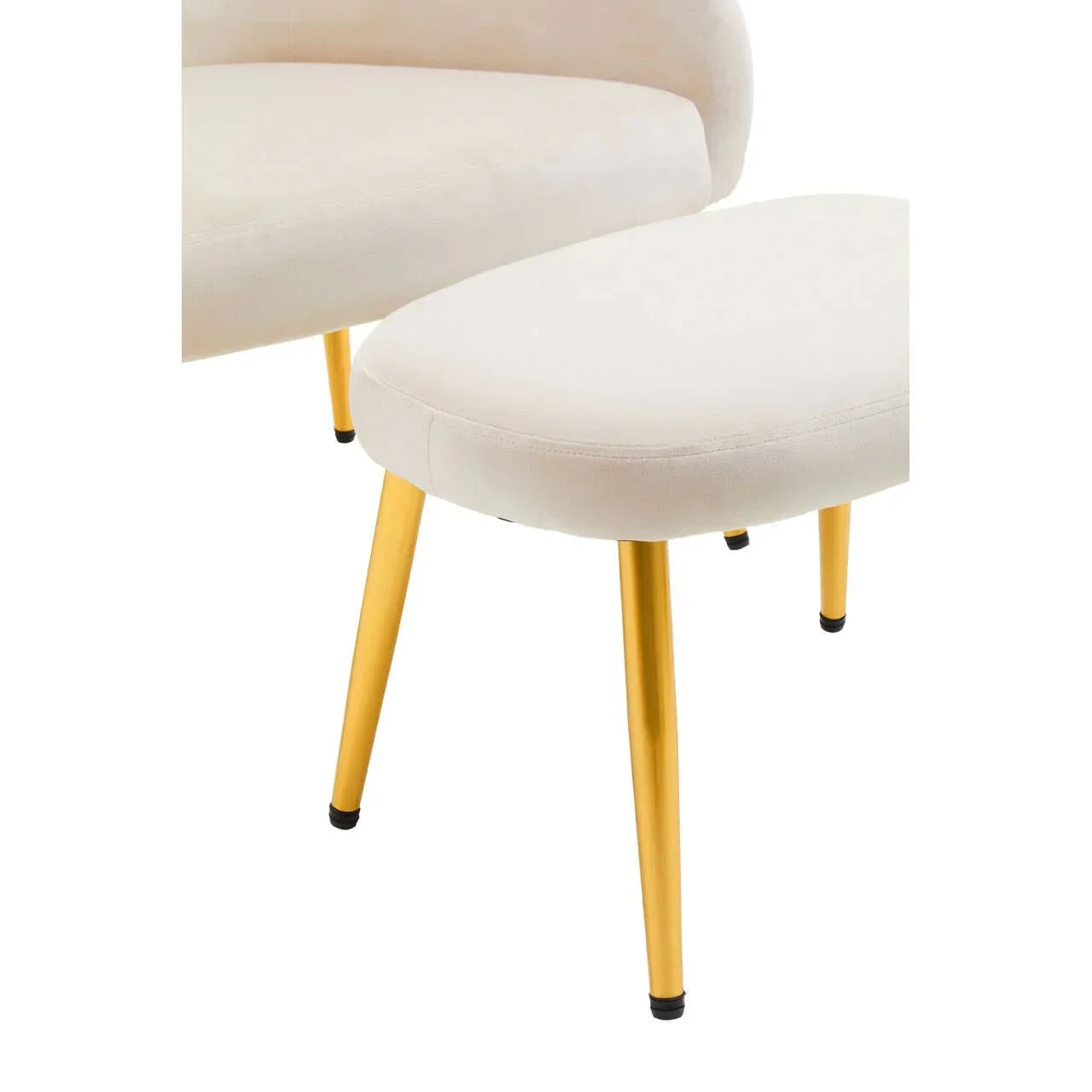 Cream accent chair and ottoman with gold metal legs, close-up view of upholstery and frame