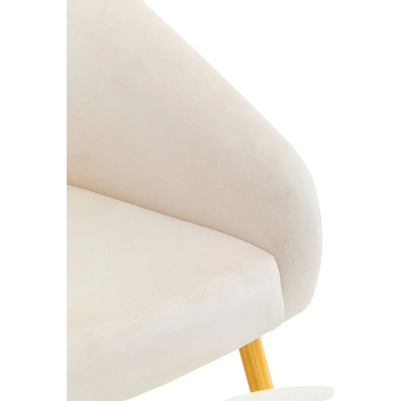 Closeup of beige upholstered chair arm and seat with wooden leg