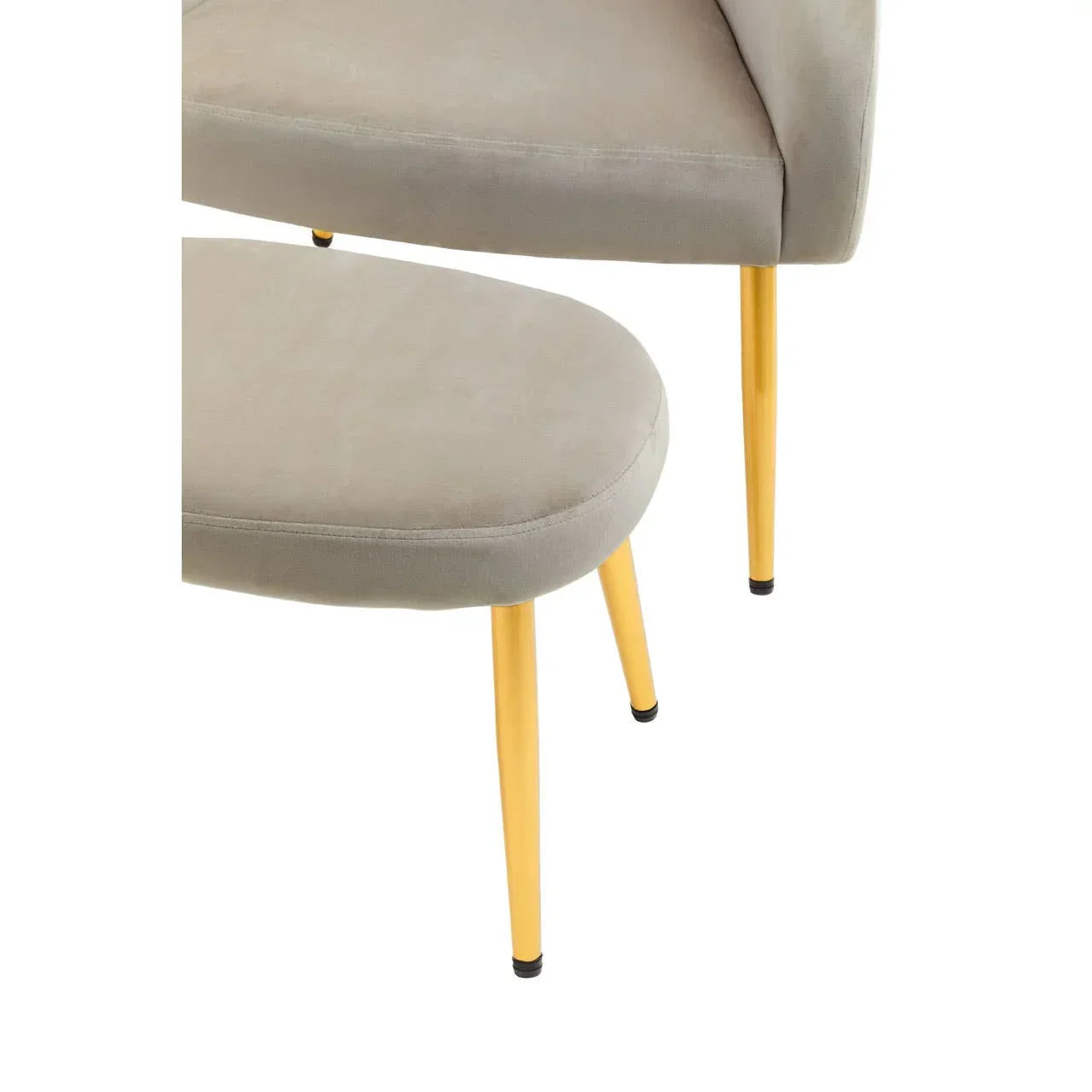 Grey velvet chair and stool set with gold metal legs, close-up on seat and upholstery