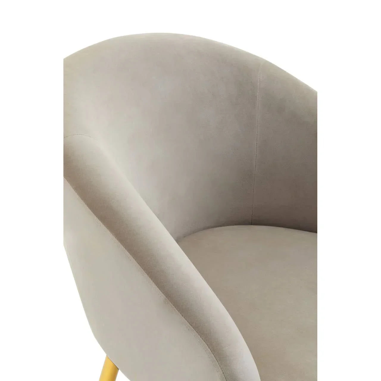 Beige upholstered armchair with curved backrest and wooden legs, close-up view