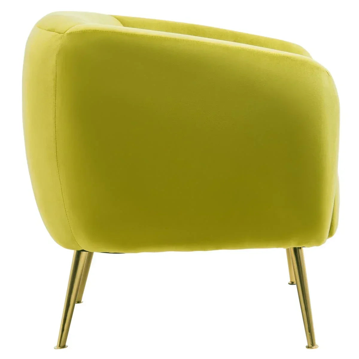 Lime green accent chair with gold metal legs, side view focus on curved back and armrest