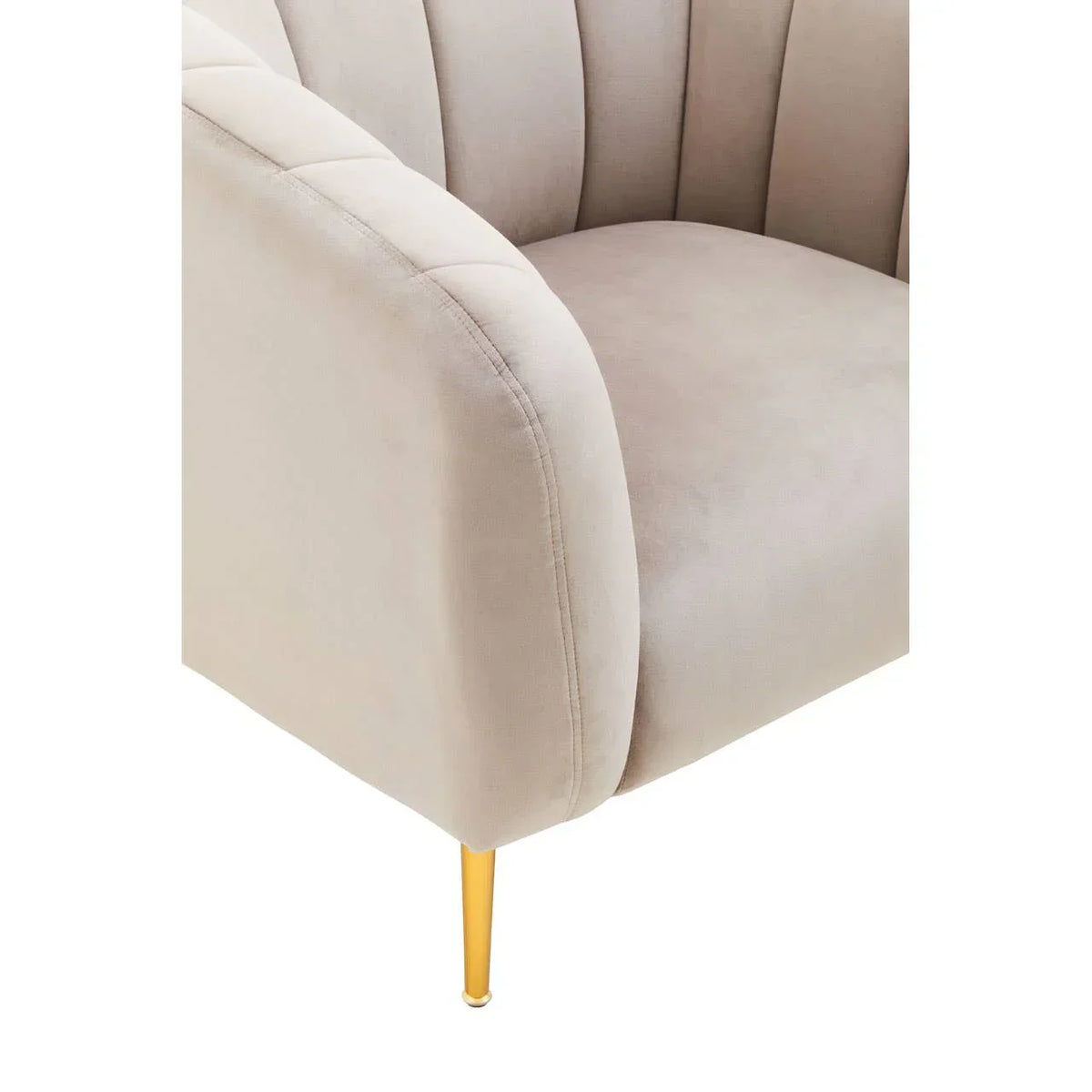 Beige fabric armchair with channel tufted backrest and gold tapered metal leg