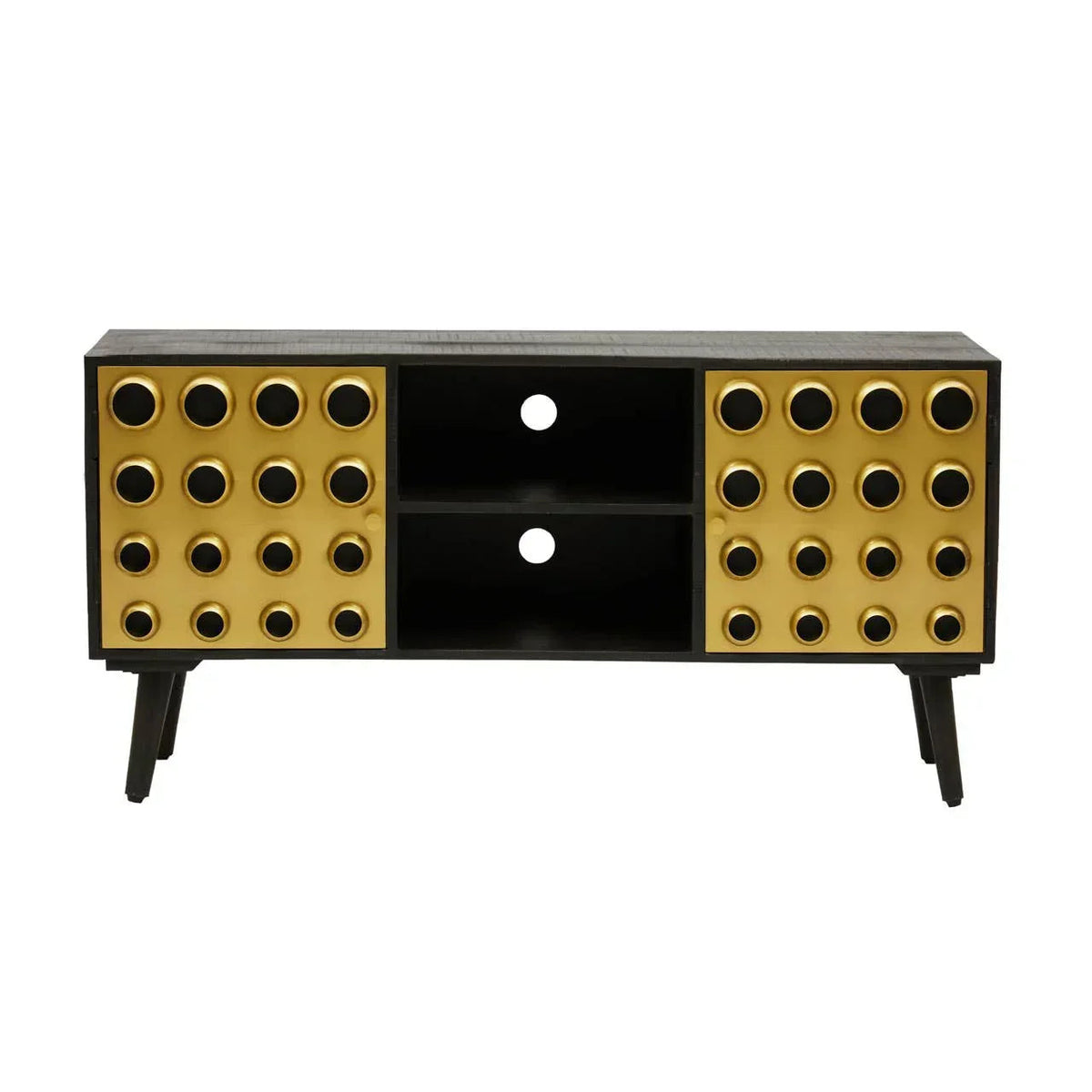 Black media unit with gold circular studded doors and open shelf