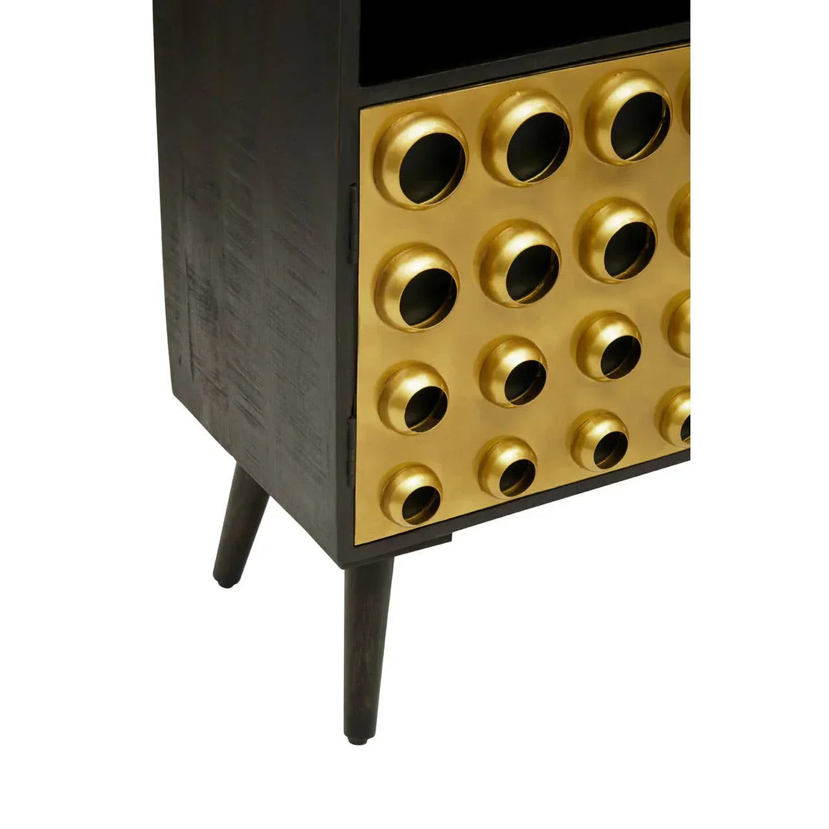 Black wood sideboard with gold textured door and mid-century style legs