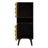 Tall cabinet featuring a sleek black finish with two doors adorned with a brass effect trim. The cabinet stands on four tapered legs, providing a modern aesthetic. The design includes decorative detailing on the edges of the doors, enhancing its stylish appearance