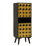 Tall cabinet featuring a mango wood finish with a brass effect front, showcasing two doors adorned with circular patterns. The cabinet stands on four tapered legs and has a sleek, modern design suitable for home decor