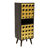Tall cabinet featuring a sleek design with a dark wood finish and brass effect accents. The cabinet has two doors, each adorned with multiple circular handles, and an open shelf in the middle. It stands on four tapered legs, adding a modern touch to its overall aesthetic