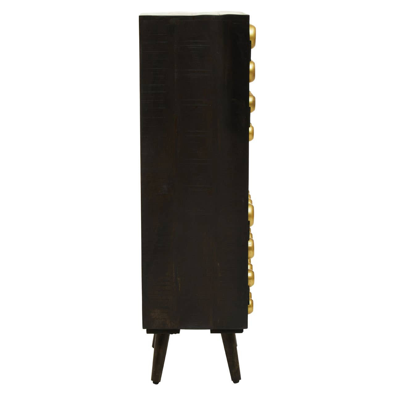 Tall cabinet made of mango wood with a dark finish, featuring two doors with brass effect handles. The cabinet stands on four tapered legs and has a sleek, modern design. The side displays a row of circular brass accents