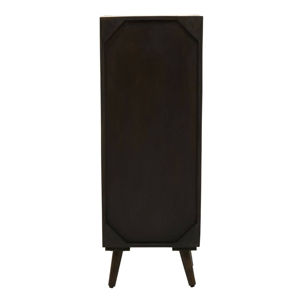 Tall cabinet made of mango wood with a dark finish, featuring two doors and a brass effect accent. The cabinet stands on four tapered legs, showcasing a sleek and modern design suitable for home decor